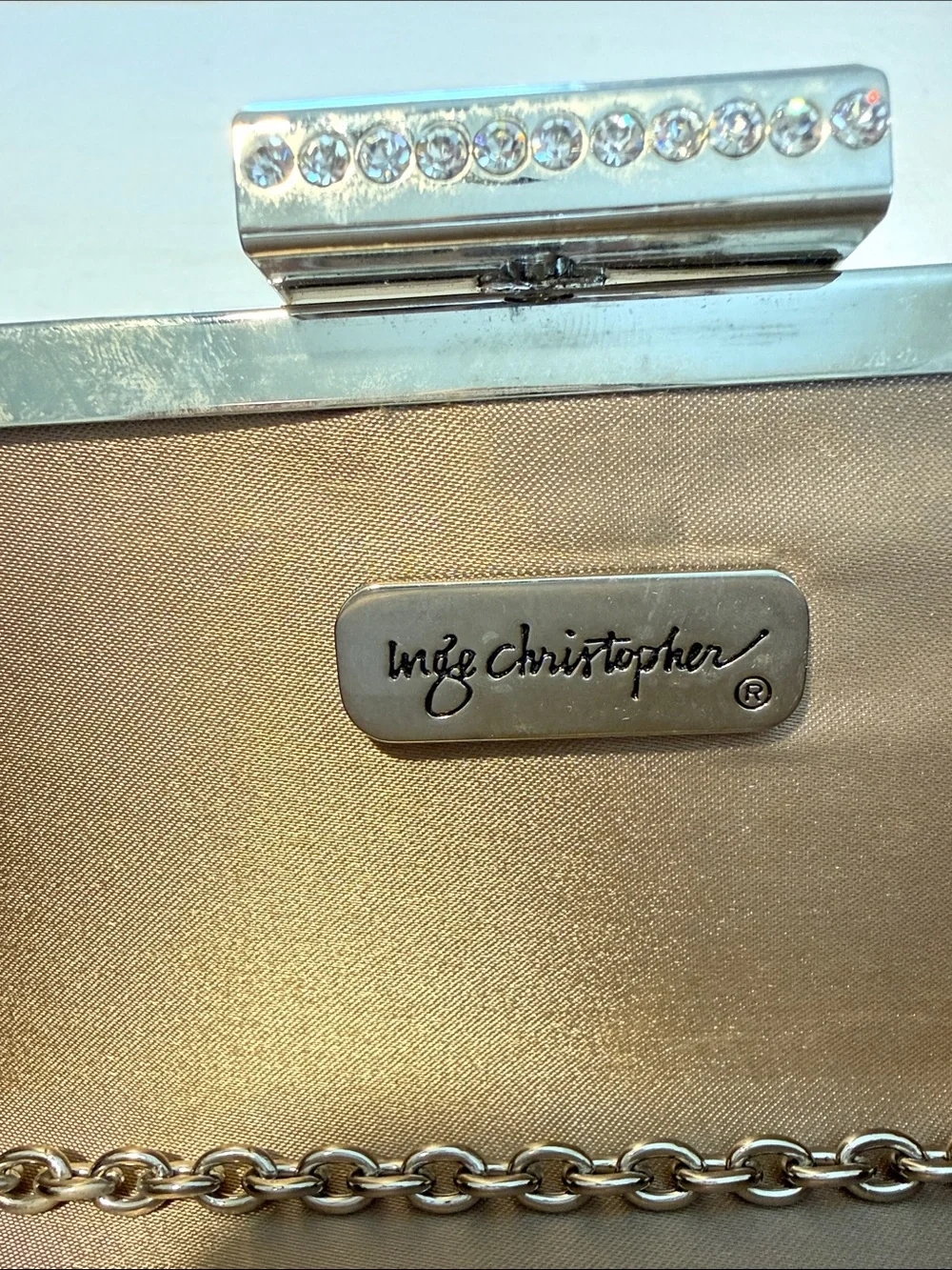 Inge Christopher Satin Brown Evening Clutch with Crystal Leaf Accent